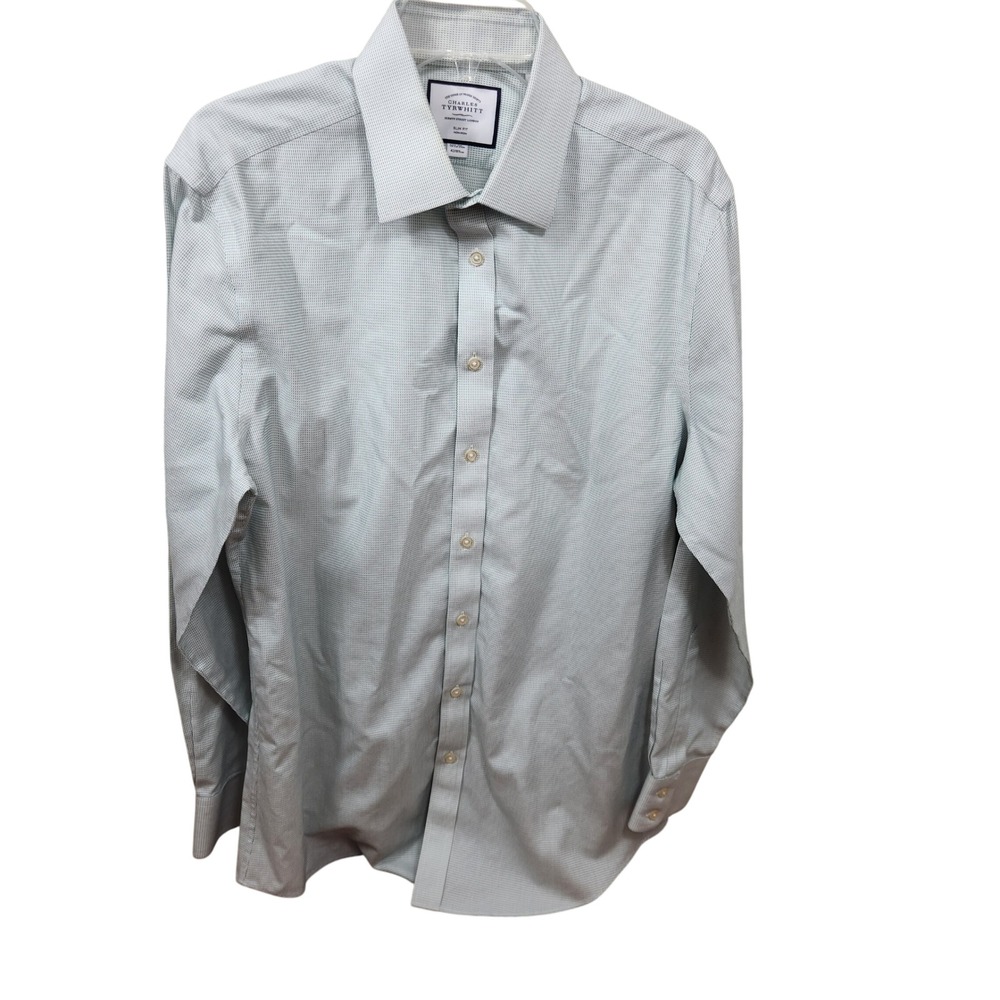 Charles Tyrwhitt Slim Fit Green Gingham Non Iron Mens Dress Shirt Size 16 1/2 35 - Picture 6 of 6